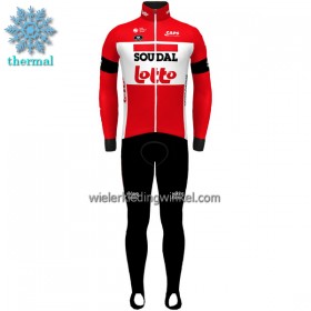 Set Fietsshirt Lange Mouw + Lange Koersbroek 2022 Lotto Soudal Winter Thermal Fleece Rood Wit